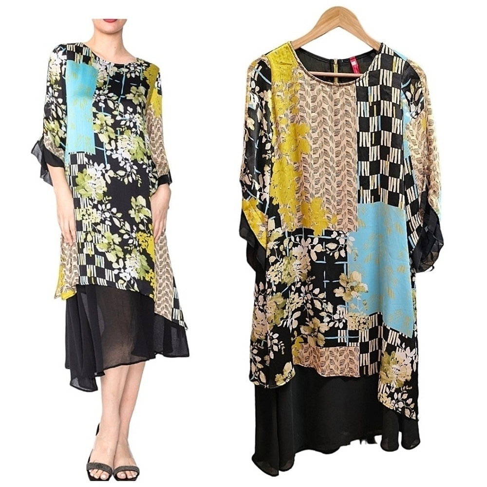 IC Collection Layered Dress With Zipper Detail Size XS Turquoise Floral Check